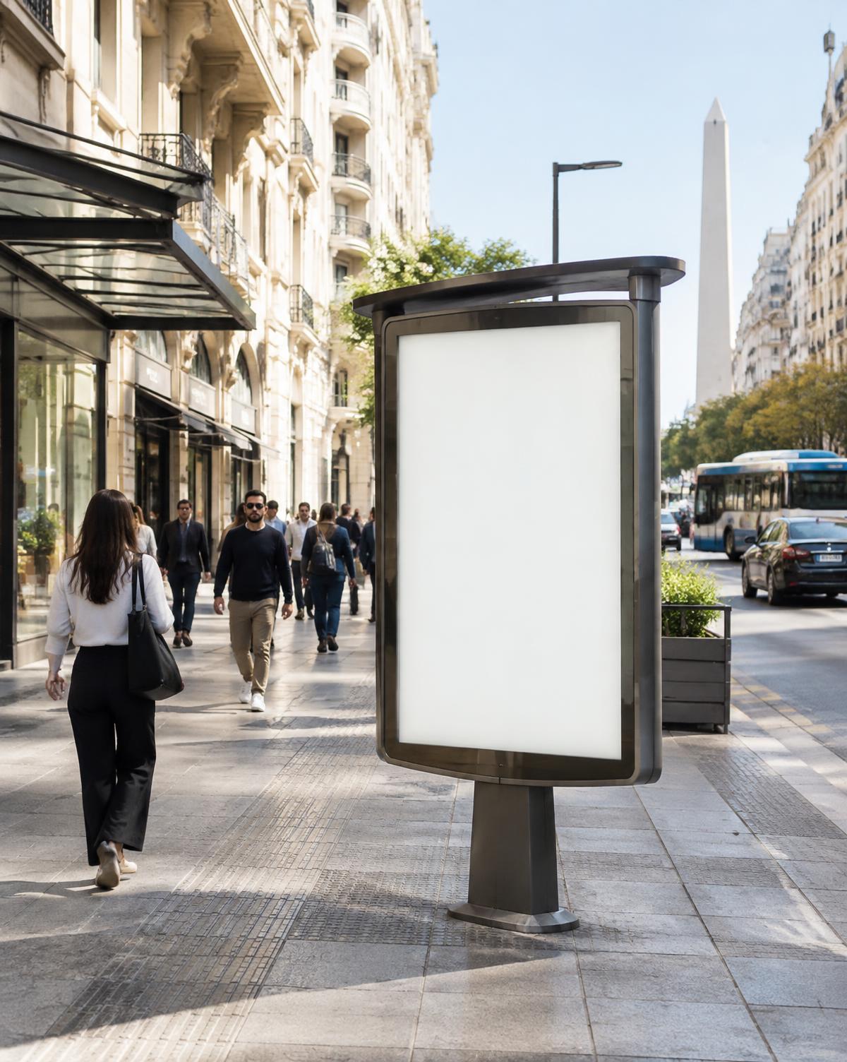 Mobiliario urbano transluminado en una avenida de Buenos Aires