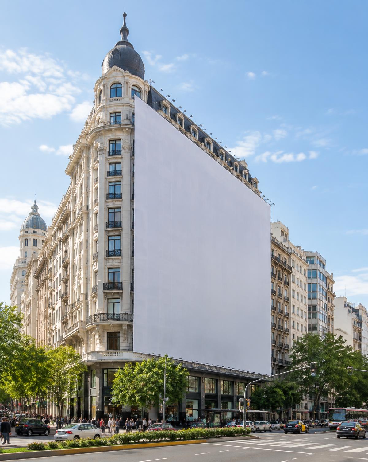 Lona publicitaria de escala arquitectónica sobre un edificio urbano