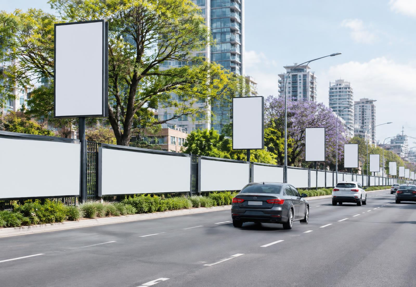 Secuencia de vallas publicitarias en un corredor urbano