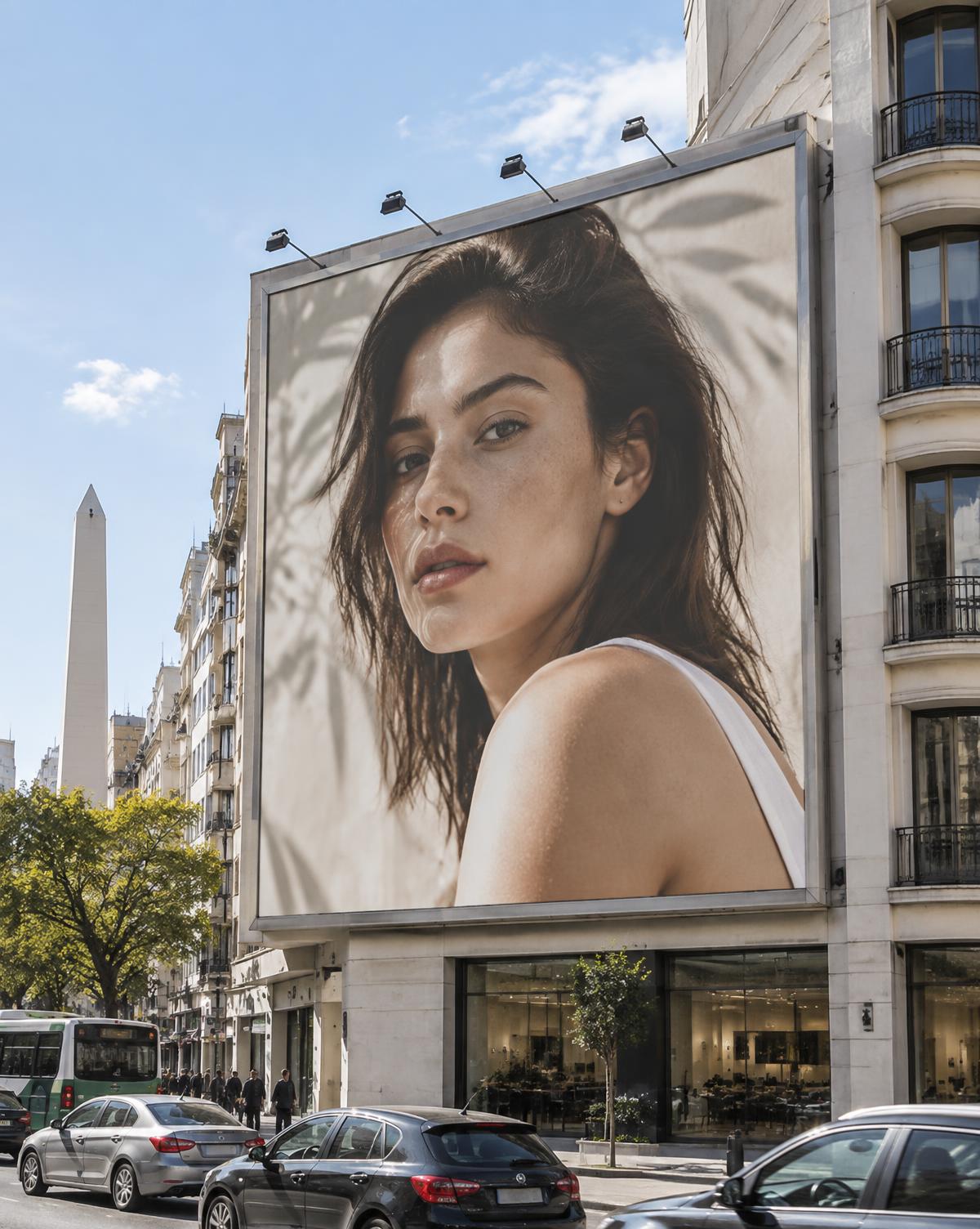 Gigantografía en blanco sobre la medianera de un edificio urbano
